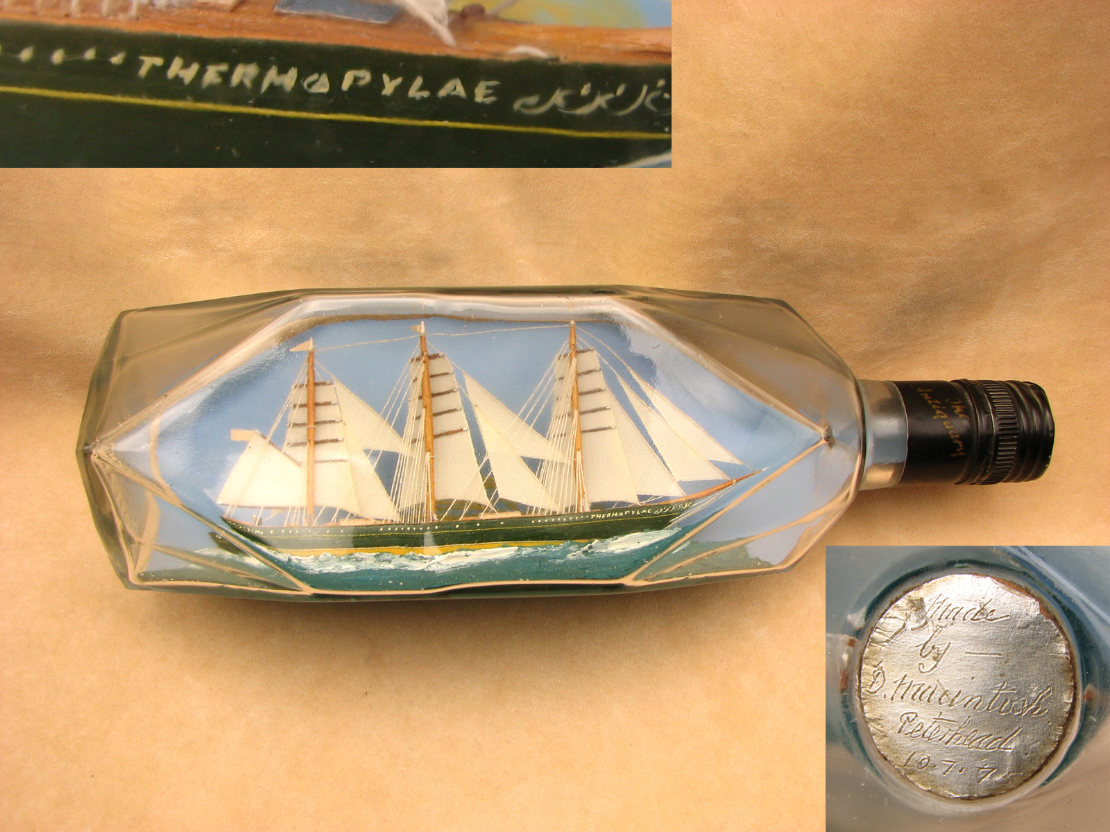 Impressive model of the Thermopylae tea clipper ship in 1970's Antiquery whisky bottle